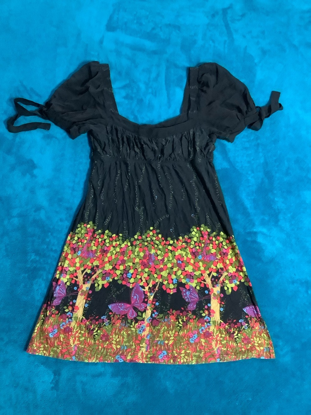 Free People Y2K Floral-Print Square Neck Short Tie Sheer Silk Puff-Sleeve Dress